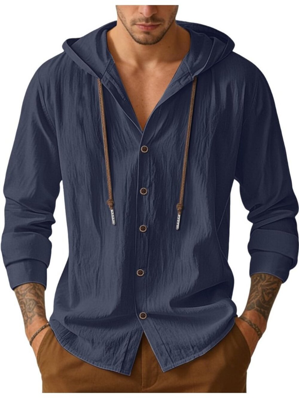 Men's Navy Cotton Linen Long Sleeve Top Casual Lightweight Button Down Hoodie
